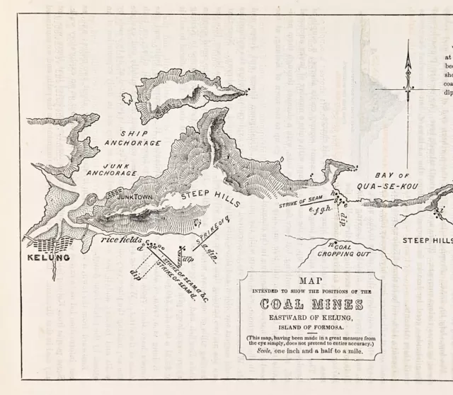 1856 Kelung Formosa Coal Mines Map  Junk Anchorage Bay of Qua-Se-Kou RARE