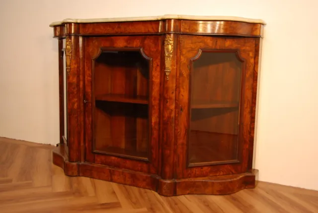 Antique Victorian Burr Walnut Credenza Display Cabinet