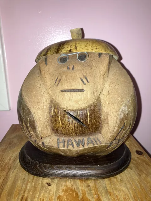 Vintage Hand Carved Coconut Monkey with Glasses and Hat Hawaii Tiki  8.5” H