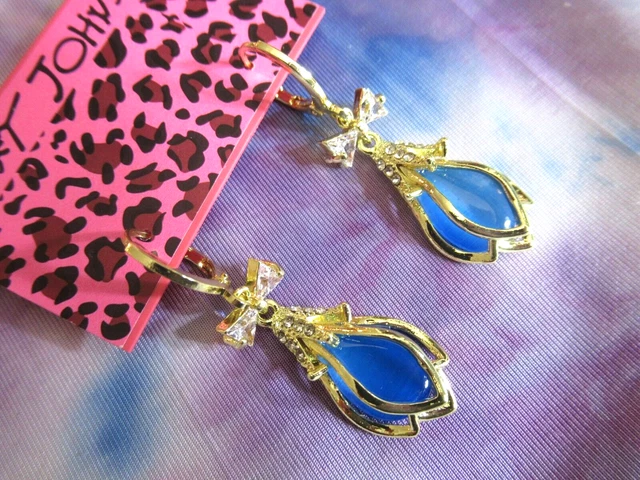 Betsey Johnson Cute Blue Holiday Zirconia Bow Rhinestones Dangle Earrings Nwt