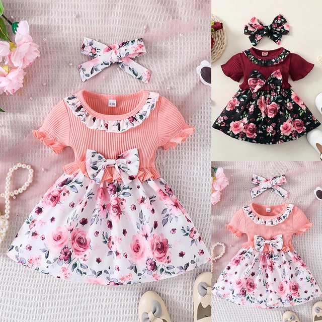 Newborn Baby Girls Sleeveless Floral Dress Party Clothes Headband Outfits Set