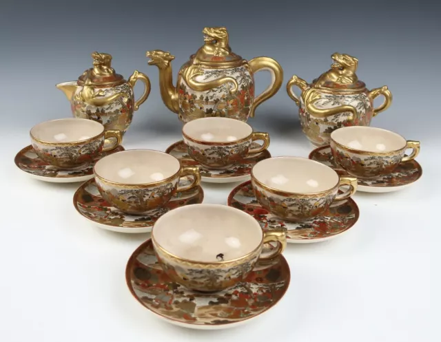 Antique Meiji Period Satsuma Tea Set Signed Hayakawa Japanese Pottery Dragon