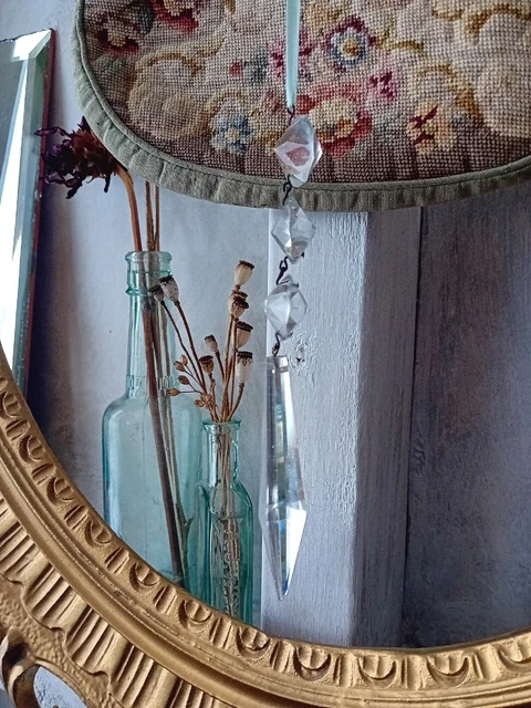 Vintage Glass Chandelier Crystal Drops Pale Sage Green Satin Ribbon