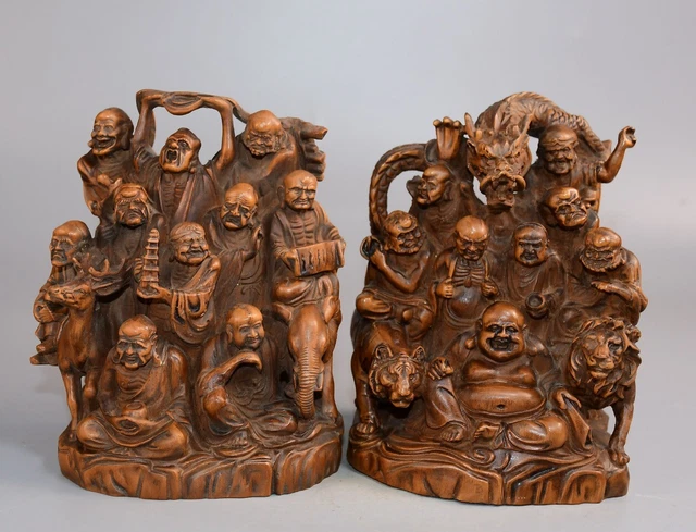 Chinese Antique Boxwood Carved Exquisite Eighteen Arhats Figure Statue Sculpture