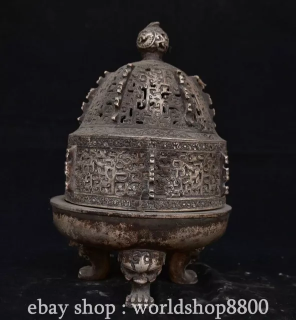 8.4" Marked Chinese Silver Copper Dynasty Dragon Beast Censer incense burner