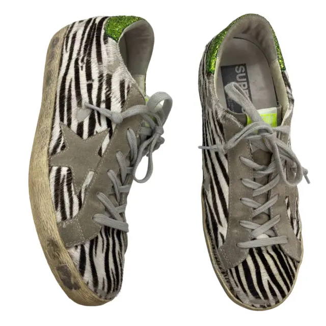 Golden Goose Superstar Zebra Pony Hair Sneakers Green Glitter GGDB sz 40 (US 10)