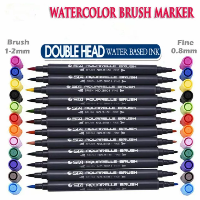 Fineliner Tip Set Drawing 12 Colors STA Dual Brush Water Based Art Marker Pens