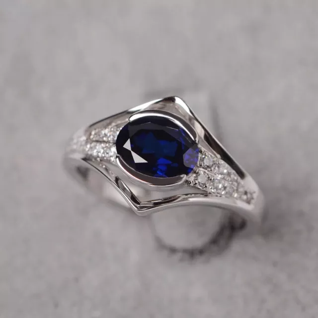 Saphir Bleu Labo Synthétique Coupe Ovale Bague 925 Argent Sterling Fendu Anneau