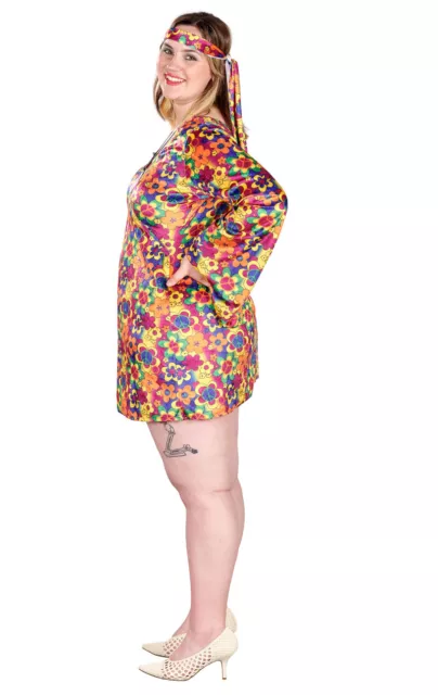 Women's Plus Size 60s 70s Hippy Short Multicolour Floral Fancy Dress Costume 2