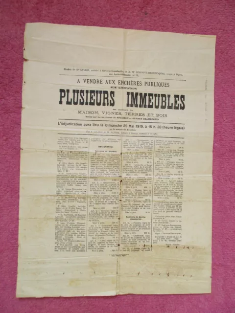 affiche .Gevrey-Chambertin.Brochon.vente aux enchères Maisons vignes et bois1919