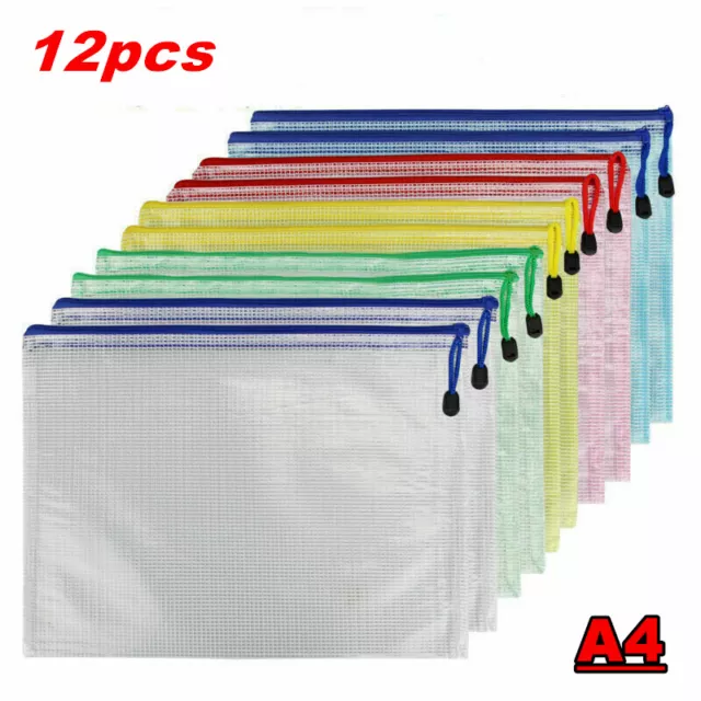 12X A4 Plastic Wallet Pocket Storage File Bags Paper Document Zip Mesh Folder Uk