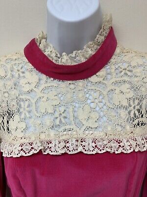 Vintage Victorian Style Hot Pink Heavy Velvet Lace High Neck Modest Maxi Dress 3