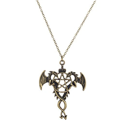 LUX ACCESSORIES Burnish Goldtone Double Dragon Arrow Pentagram Charm Necklace