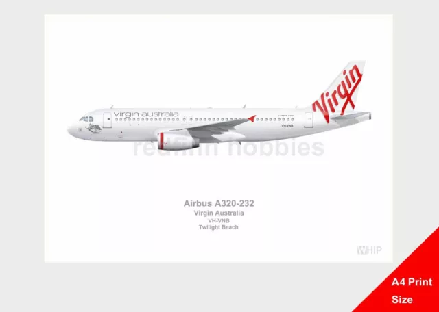 WHIP Airline Illustration A4 Print Virgin Australia Airbus 320 Twilight Beach