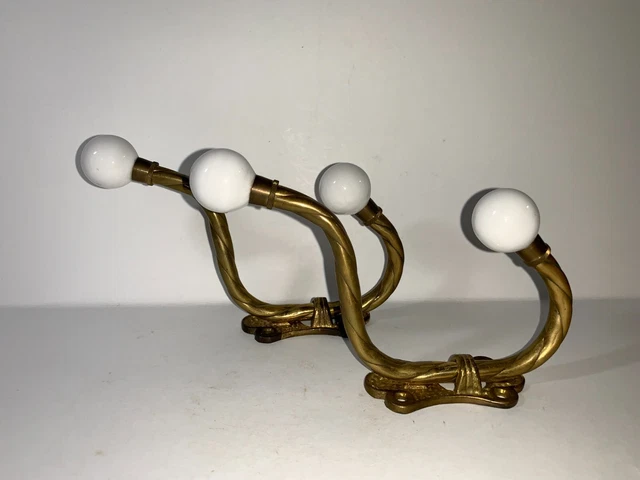 2 Brass And White Porcelain Knob Coat Hooks Wall Mount Hall Rack Hat Cap Sweater
