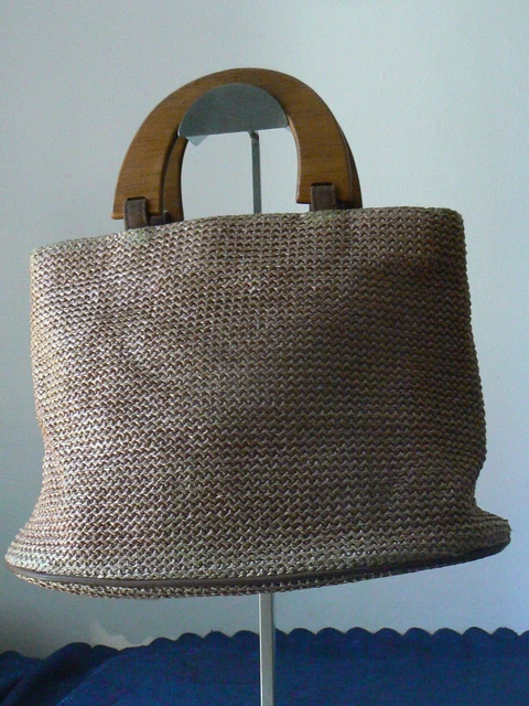 Sac Demi-lune En Paille Tressée Vintage - Années 60/70 - Taille épaule - Occasion Très Bon état