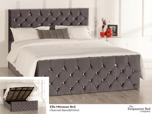 Ella Gas Lift Ottoman Bed Frame - Diamante Buttons - Esupasaver Made in England