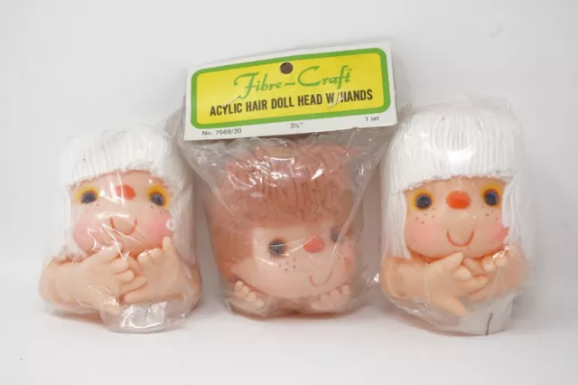 3 Small Vintage Yarn Hair Doll Heads and Hands 3.5" Fibre Craft