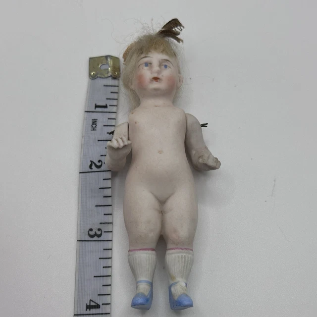 All Bisque Dollhouse Doll 0 1/2 - 2120 Miniature Jointed Arms Germany Blue Shoes