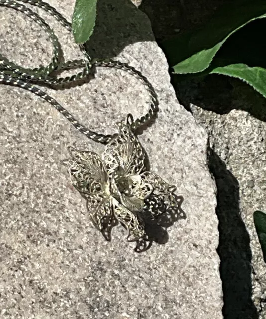 Vintage 800 Silver Filigree Flower Pendant Necklace Jewelry