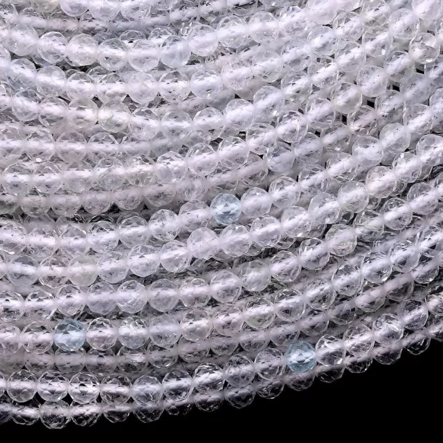 AAA Natural White Topaz Gemstone Round Micro Faceted Cut Beads Strand 15.5"