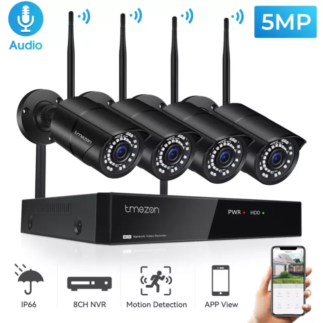 TMEZON 5MP WLAN AUßEN Überwachungskamera Set Auido Kamera FUNK 8CH NVR IP66