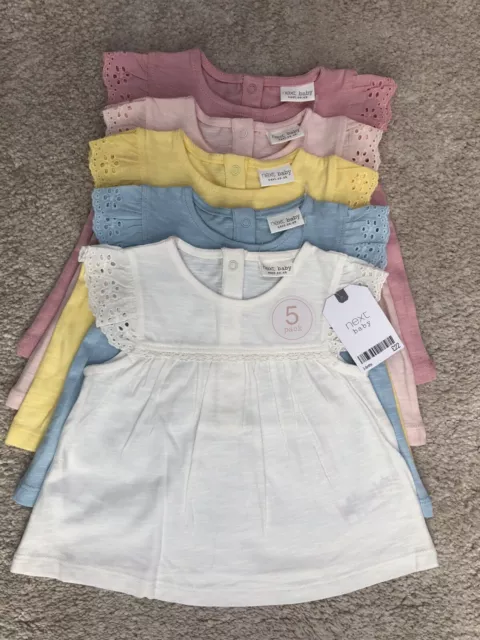 New Next Baby Girl Pack Of 5 Tops T-shirts 3-6 Months White Pink Blue