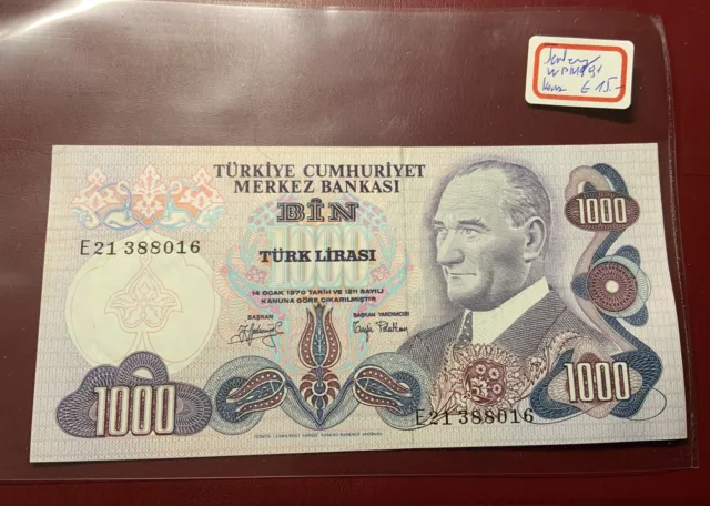 Türkei 1000 Lira Banknote 1970 kassenfrisch WPM 91