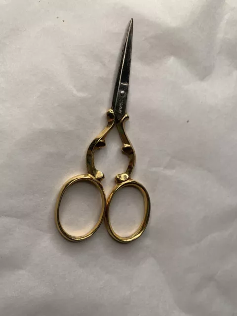 Vtg German Gold Plate Handle Sewing Scissors Thread Cutting 4” Embroidery