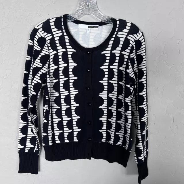 Tracy Reese Sweater Womens Sz L Black-White Geometric Print Button Up Cardigan