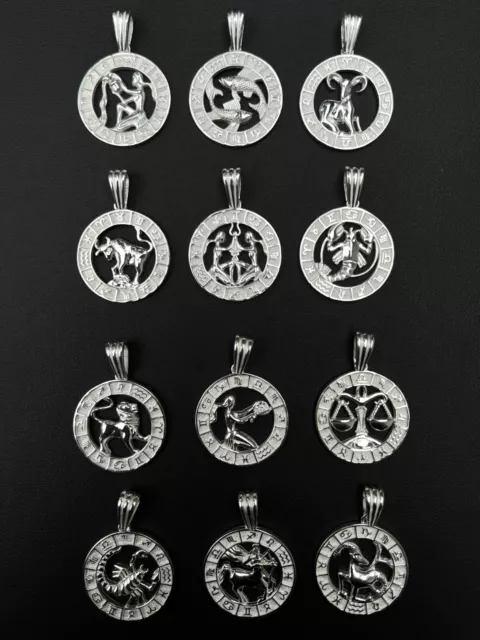 Real Solid 925 Silver Zodiac Astrology Sign Pendant Necklace Plain Medallion 1"