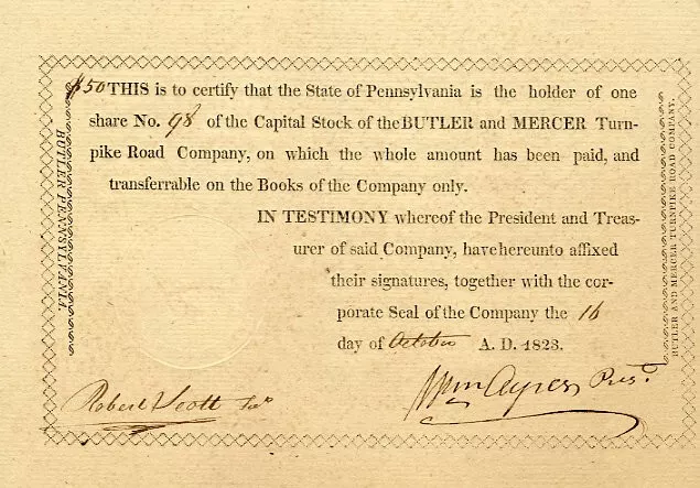 1823 Butler & Mercer Turnpike Road Stock Certificate