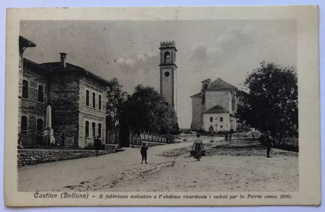 Cartolina Castion animata piazza campanile Belluno Veneto paesaggistica T10