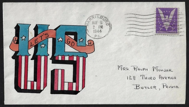 Us 1944 Gladys Adler Wwii Hand Painted Patriotic Cover Lets Go Harrisburg May 6