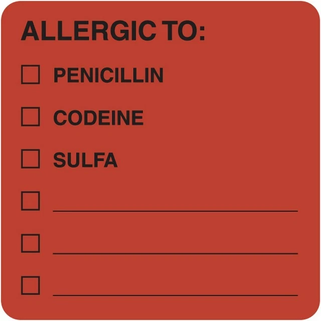 Allergy Warning Labels, ALLERGIC TO: - Fl Red 2" X 2" (Roll of 250)