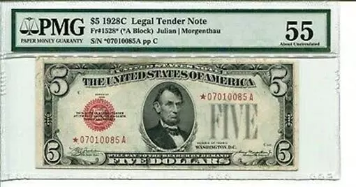 FR 1528* STAR 1928C $5 Legal Tender Note PMG 55 About Uncirculated