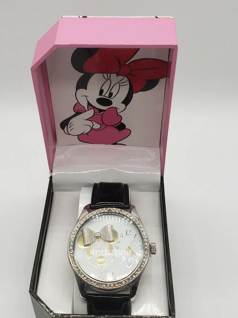 Unique Walt Disney Minnie Mouse  Black Band Silver Face W/ Rhinestones Watch