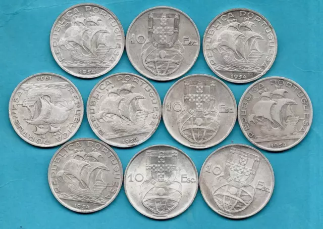 10, 1954 PORTUGAL 10 ESCUDOS COINS. 680 SILVER. 12.5 g EACH. INVESTMENT JOB LOT.