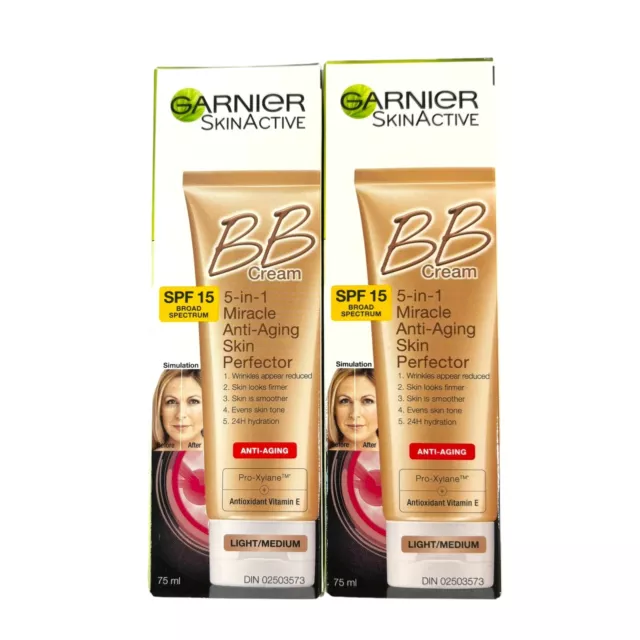 2x Lot Garnier BB Cream 5-In-1 Miracle Anti-Aging Skin Perfector Light Medium