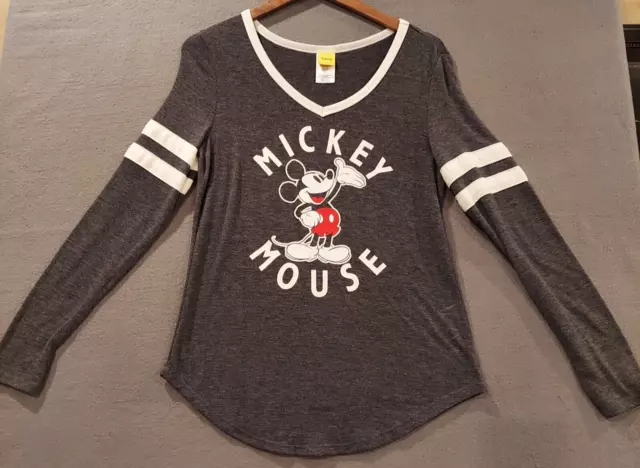 Disney Mickey Mouse Juniors Top Gray Long Sleeve Stripe Raglan V-Neck S B770 2