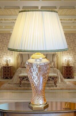 lampada da tavolo classica vetro Murano ambra e ottone con paralume seta plissé