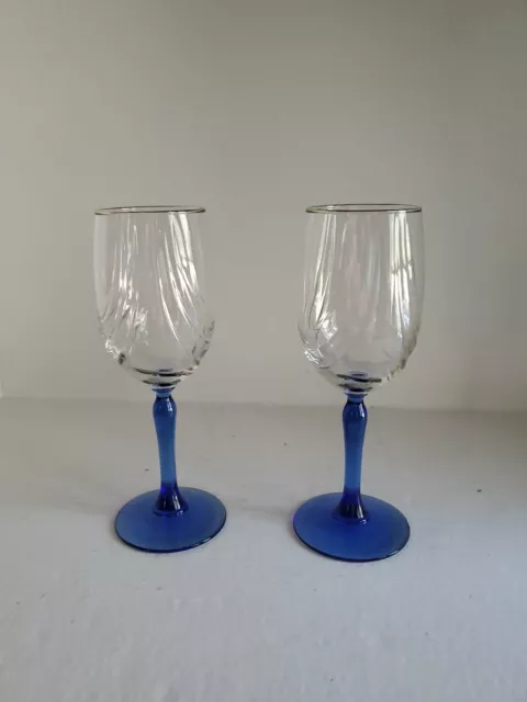 2- Lenox Crystal Cobalt Blue Stem Swag Drape Gold Rim Wine Glasses