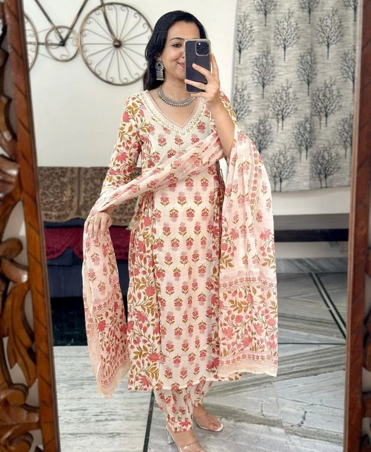 Women Kurti Palazzo Dupatta Indian Handmade Printed Work Salwar Kameez Gift Suit