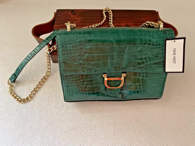 Nine West Bottle Green Crocodile Embossed Shoulder Bag Purse Chain Strap New