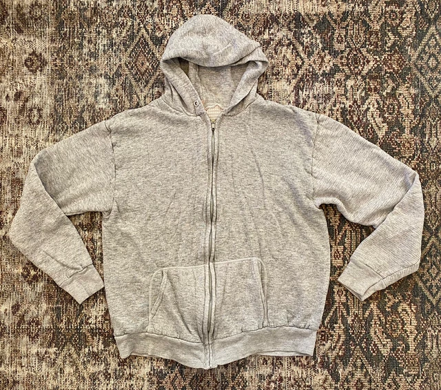 VTG 70s Full Zip Waffle Knit Thermal Lined Grunge Hoodie SZ M Gray Sweatshirt