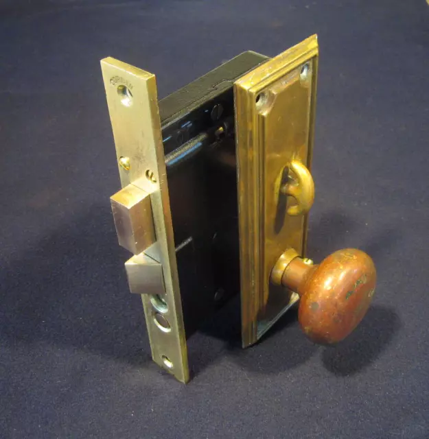 Antique Entry Mortise Lock Brass Knobs & Plates, Cylinder 3 keys - Corbin 1343