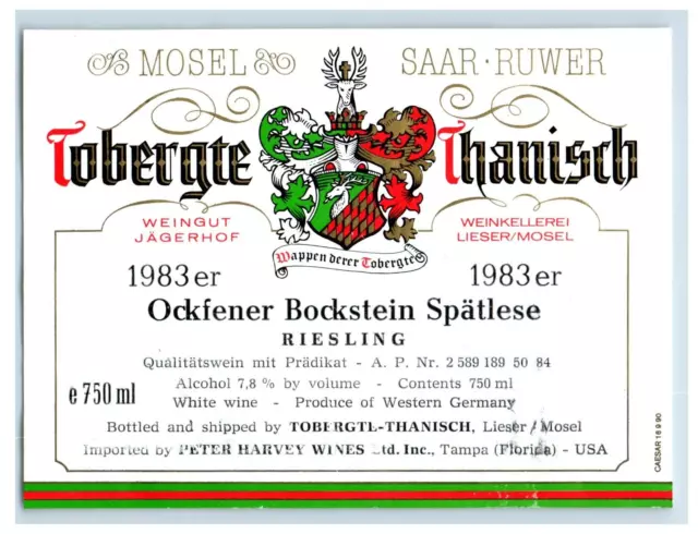 1970's-80's Tobugte Thanisch Ockfener Bockstein German Wine Label Original S43E