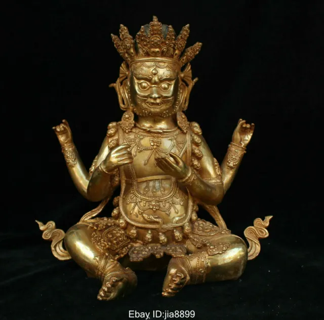 29 cm China Chinese Tibet Buddhism Temple Bronze Gilt Seat 4 arms Buddha Statue