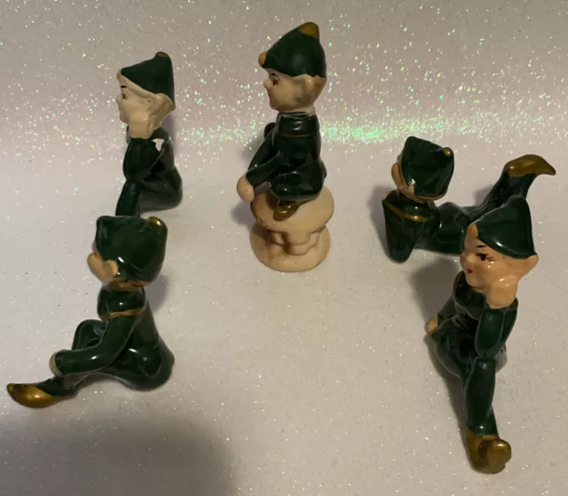 Vintage ENESCO Irish St. Patrick's Day PIXIES ELF Figurines Set Of 5 Japan 1950 3