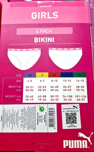 Slip bikini ragazze pantaloni mutandine biancheria intima PUMA taglia XS 4-5 anni nuovi con etichette confezione da 6 2